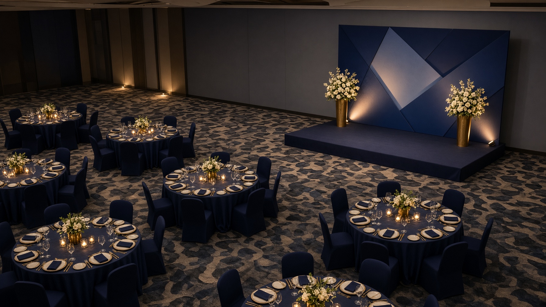 Banquet hall set for a corporate event
