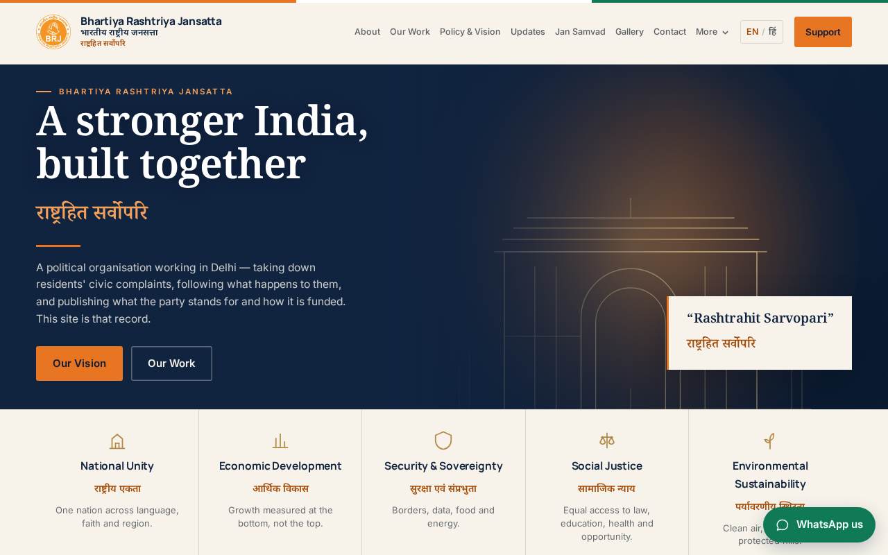 BRJ Bharat — Bilingual website for Bhartiya Rashtriya Jansatta, with volunteer, contact, newsletter and contribution forms, a news feed and an admin console.