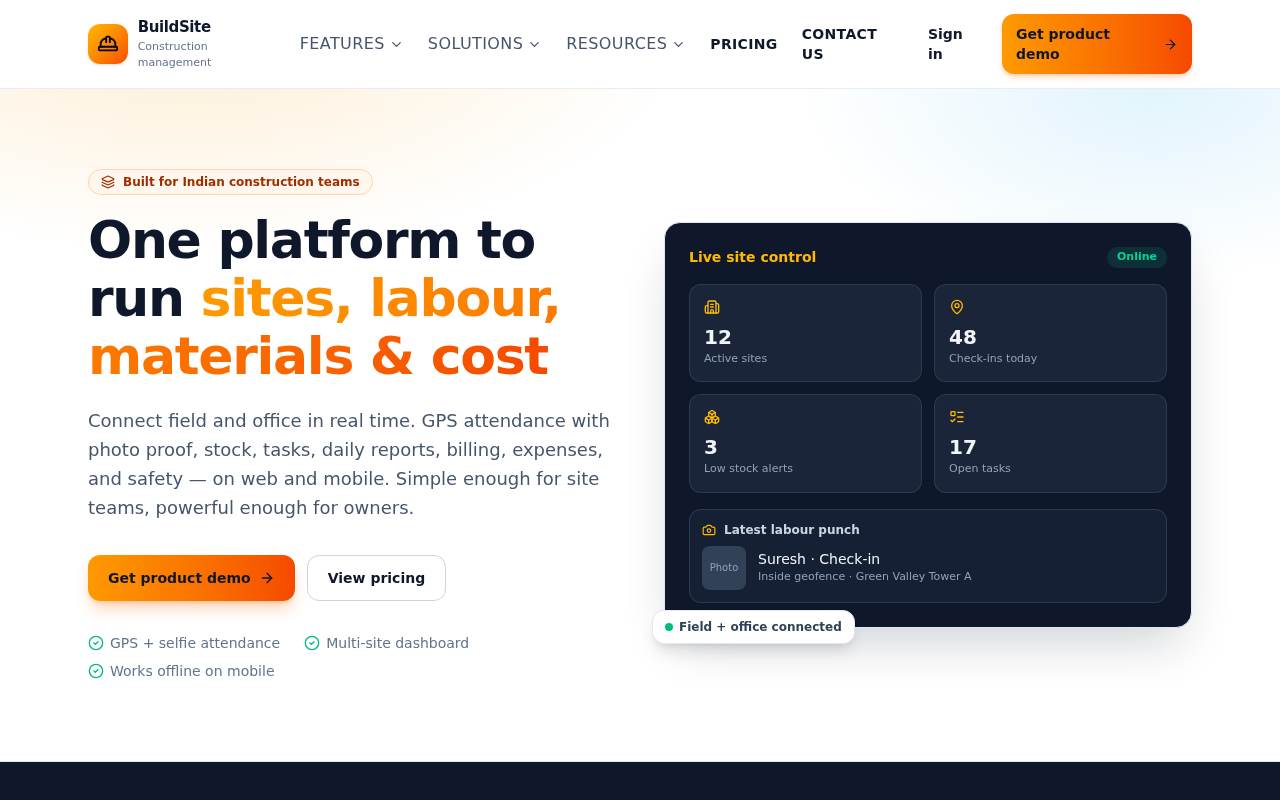 BuildSite — Construction product for roles, GPS attendance, stock, billing and a mobile view.