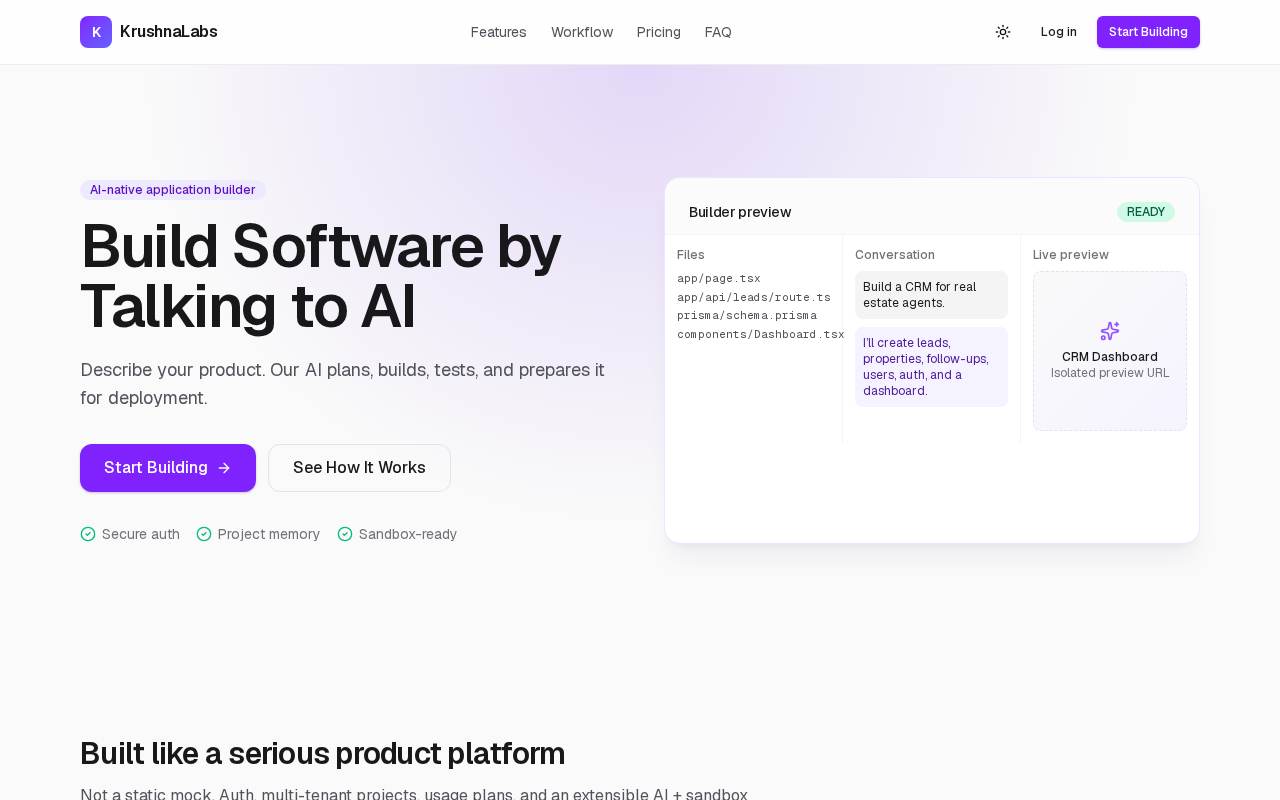KrushnaLabs — Product for building software by talking to AI.