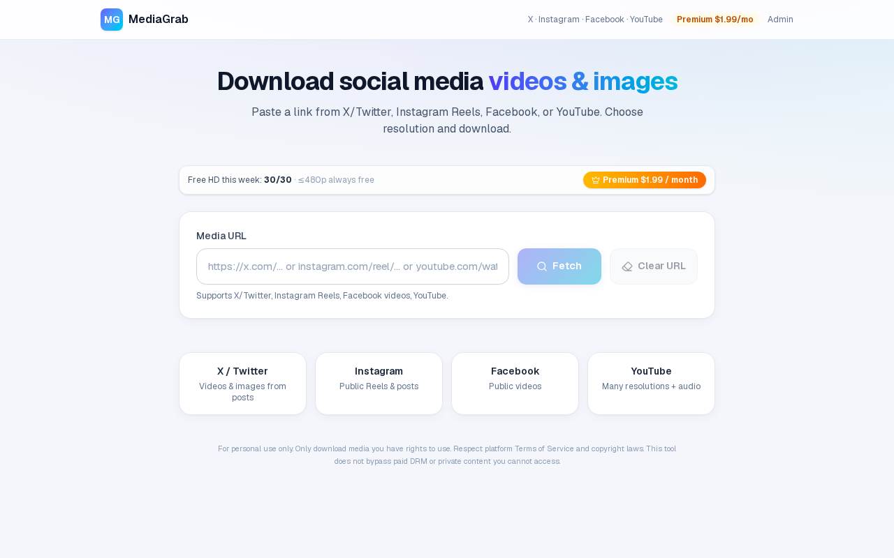 MediaGrab — Tool to download videos and images from X, Instagram, Facebook and YouTube.