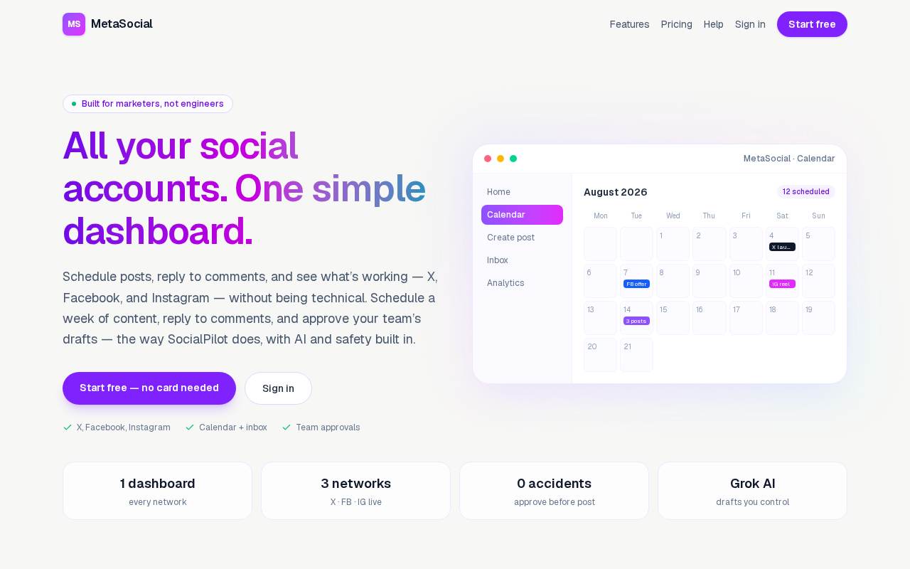 MetaSocial — Scheduler for posts, mentions, rules and AI drafts.