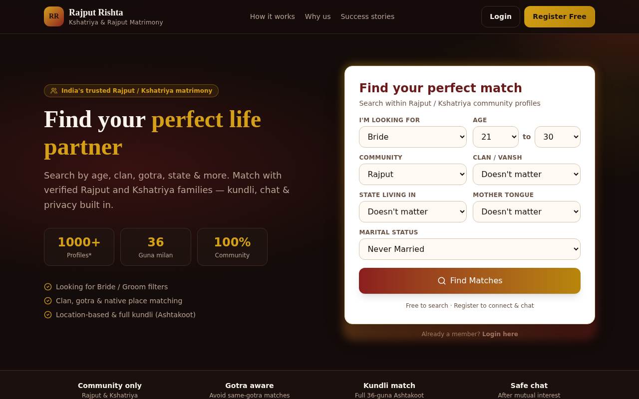 Rajput Rishta — Community matrimony product for web and mobile.