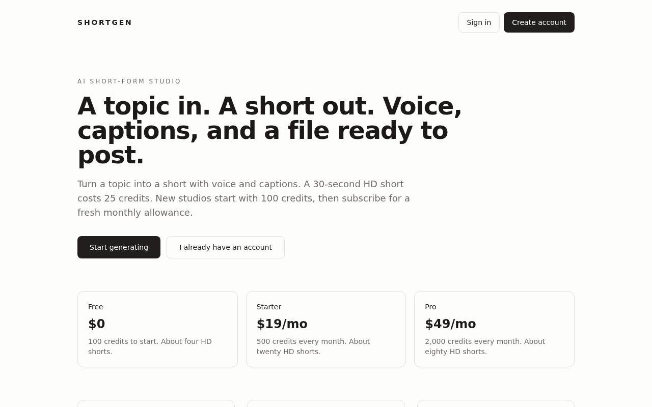ShortGen — Multi-tenant SaaS that turns a topic into short-form video — workspaces, jobs, templates and credits.