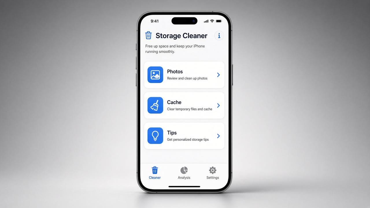 StorageClean — iOS app for freeing space across photos, cache and tips.