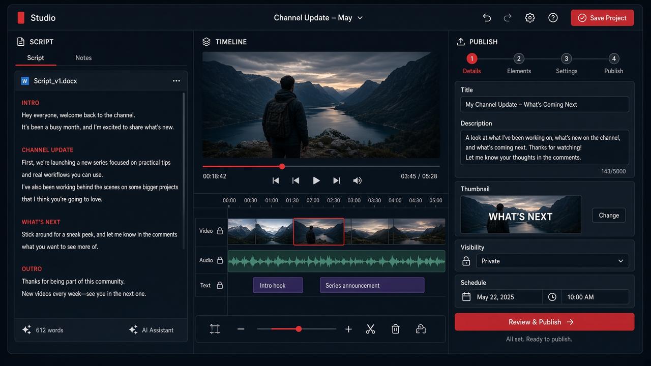 TubeForge — YouTube channel tool for scripts, video and a publish pipeline.